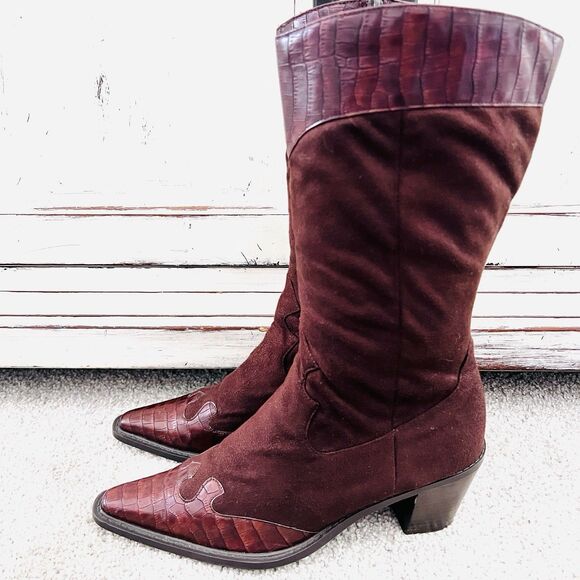 Unique Brown Alligator Trim Soft Slip on Low Heel Side Zip Boots EU39 US6 - Picture 1 of 10